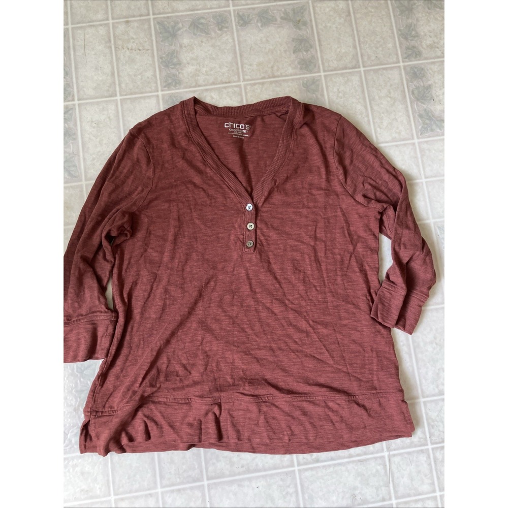 Chico's Clay Slub‎ Henley V-Neck 3/4 Slv Tee medium loose Casual neutral Cotton